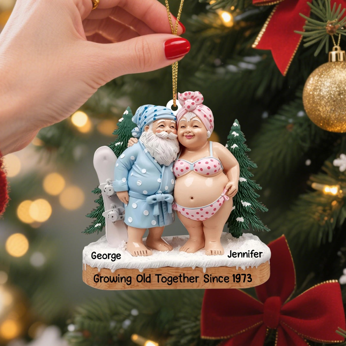Growing Old Together, Elderly Couple In Beach Clothes, Personalized Ornament Gift For Couples