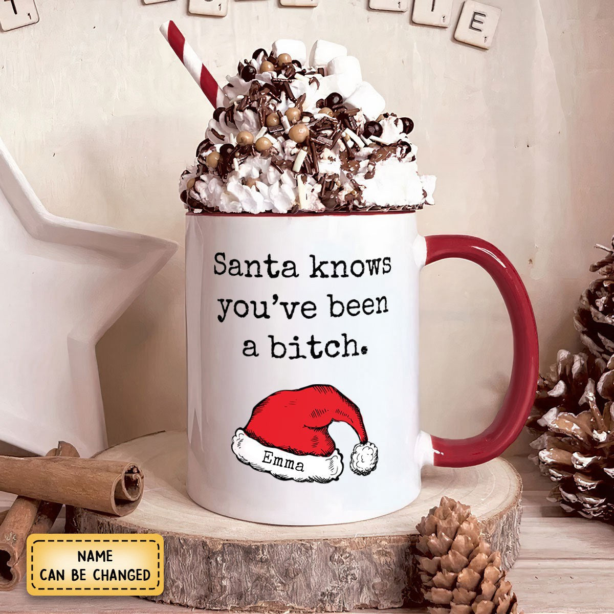 Personalized Accent Mug-Funny Santa Coffee Red Handle Mug Rude Christmas - Sarcastic Gifts