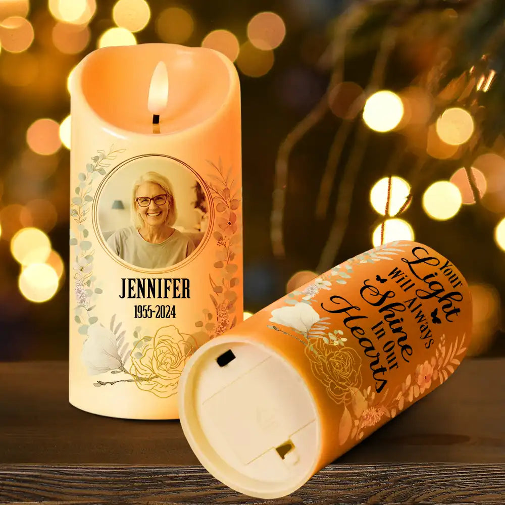 Your Light Will Always Shine In Our Hearts Memorial - Personalized Photo LED Candle