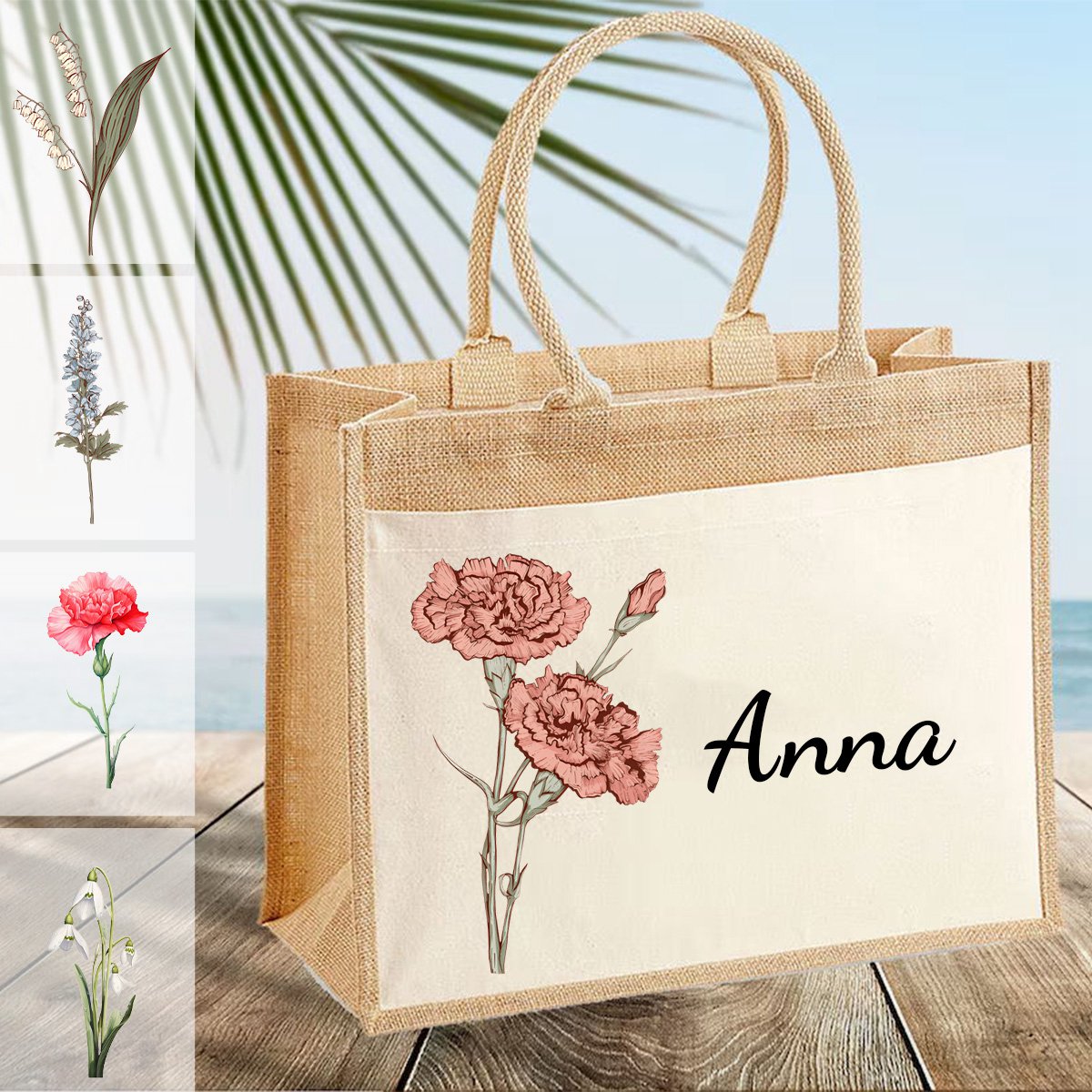 Personalized Grandma Mom Birth Flower Beach Tote Bag