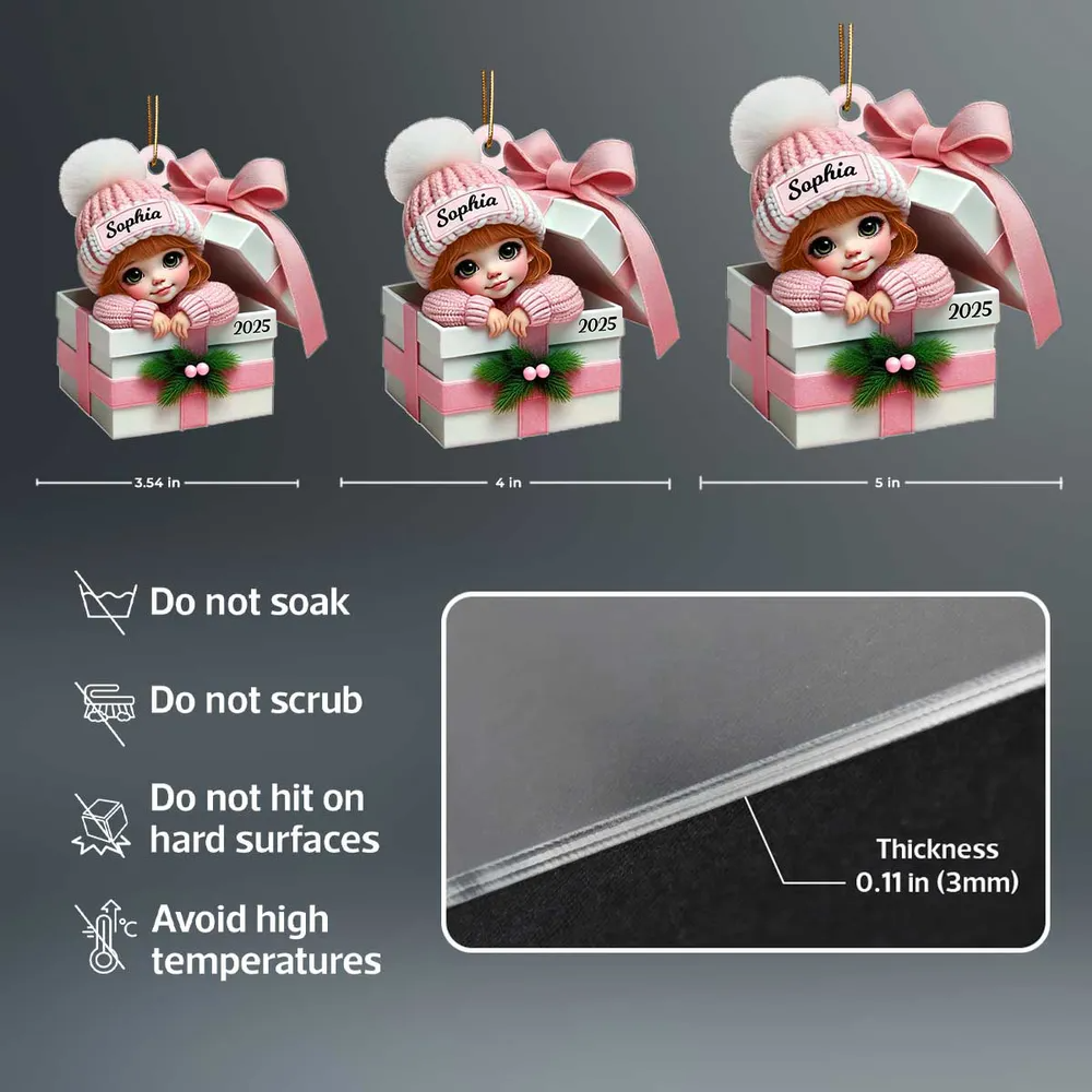 Kid Boy Girl Inside Gift Box Personalized Acrylic 2D Flat Ornament