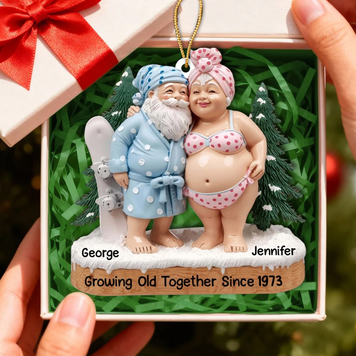 Growing Old Together, Elderly Couple In Beach Clothes, Personalized Ornament Gift For Couples