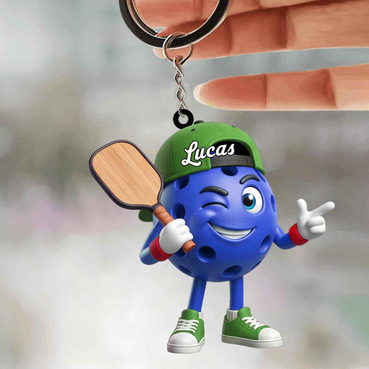 Cool Inviting Pose Personalized Cute Pickleball Ball Mascot Keychain
