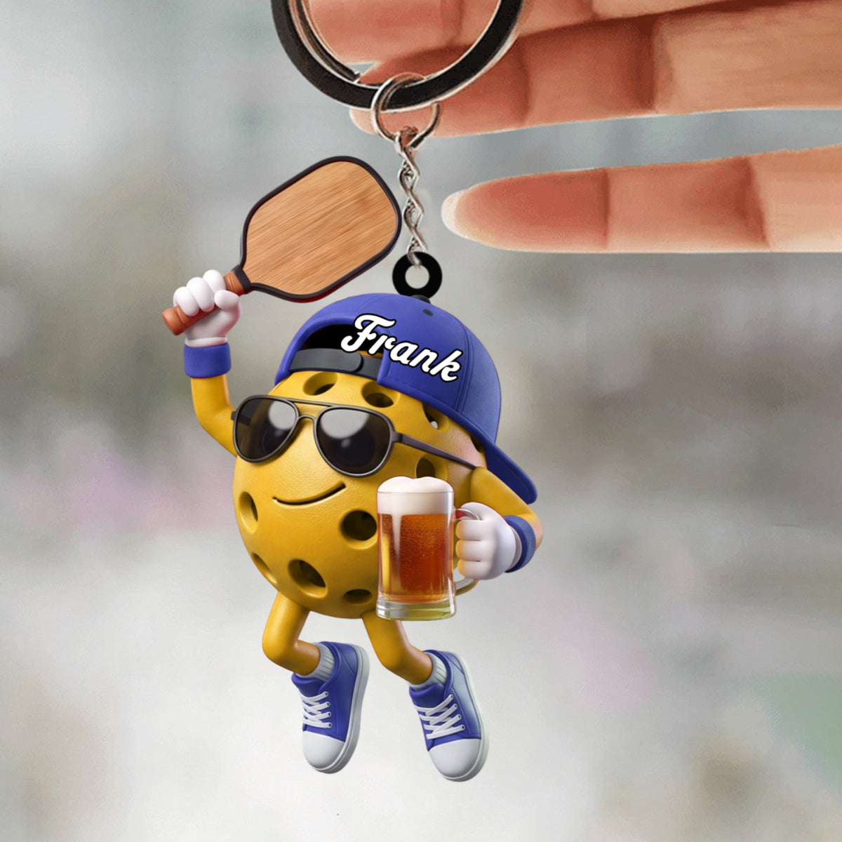 Jumping Celebrating Pickleball Keychain - Personalized Cool Pickleball Ball Mascot Keychain