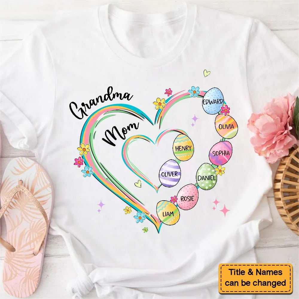 Heart Grandkid Name Easter Day - Personalized Pure Cotton T-Shirt Gift For Grandma Mom