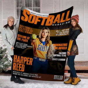 Personalized Softball Magazine Cover Blanket, Custom Sport Magazine Cover, Softball Player Gift