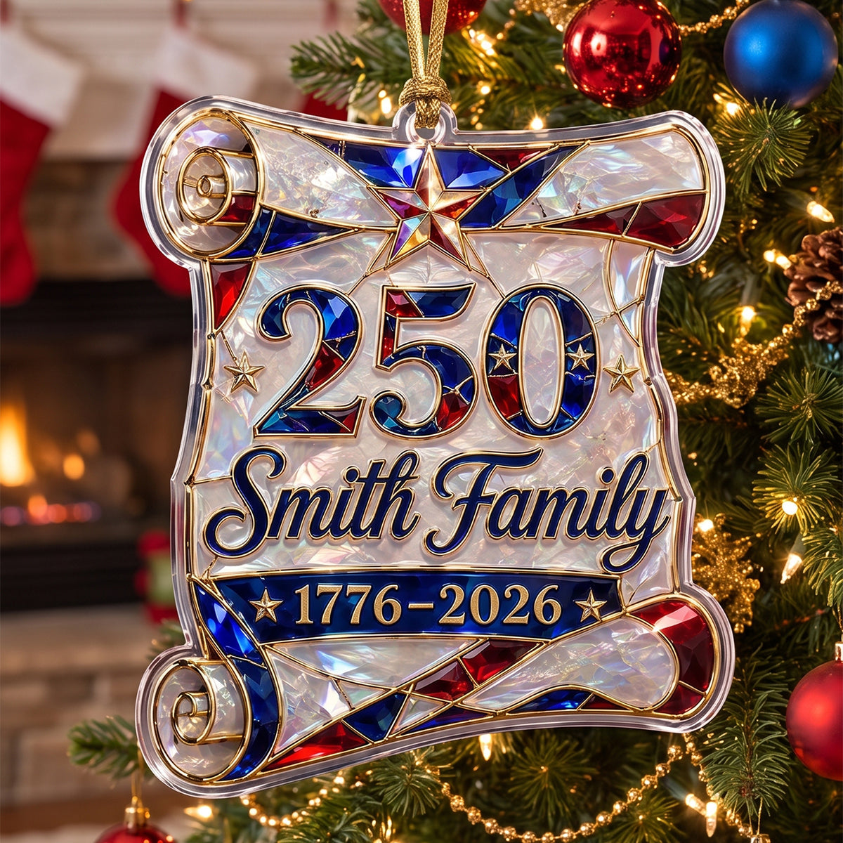 Personalized 1776–2026 Hologram Scroll Acrylic Ornament – America 250th Family Keepsake Gift