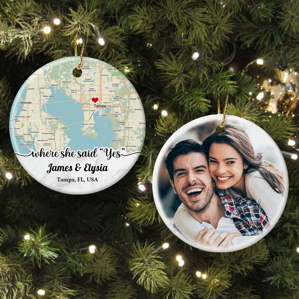 Personalized Couple Location Map Engagement Ornament - Custom Map & Photo Gift