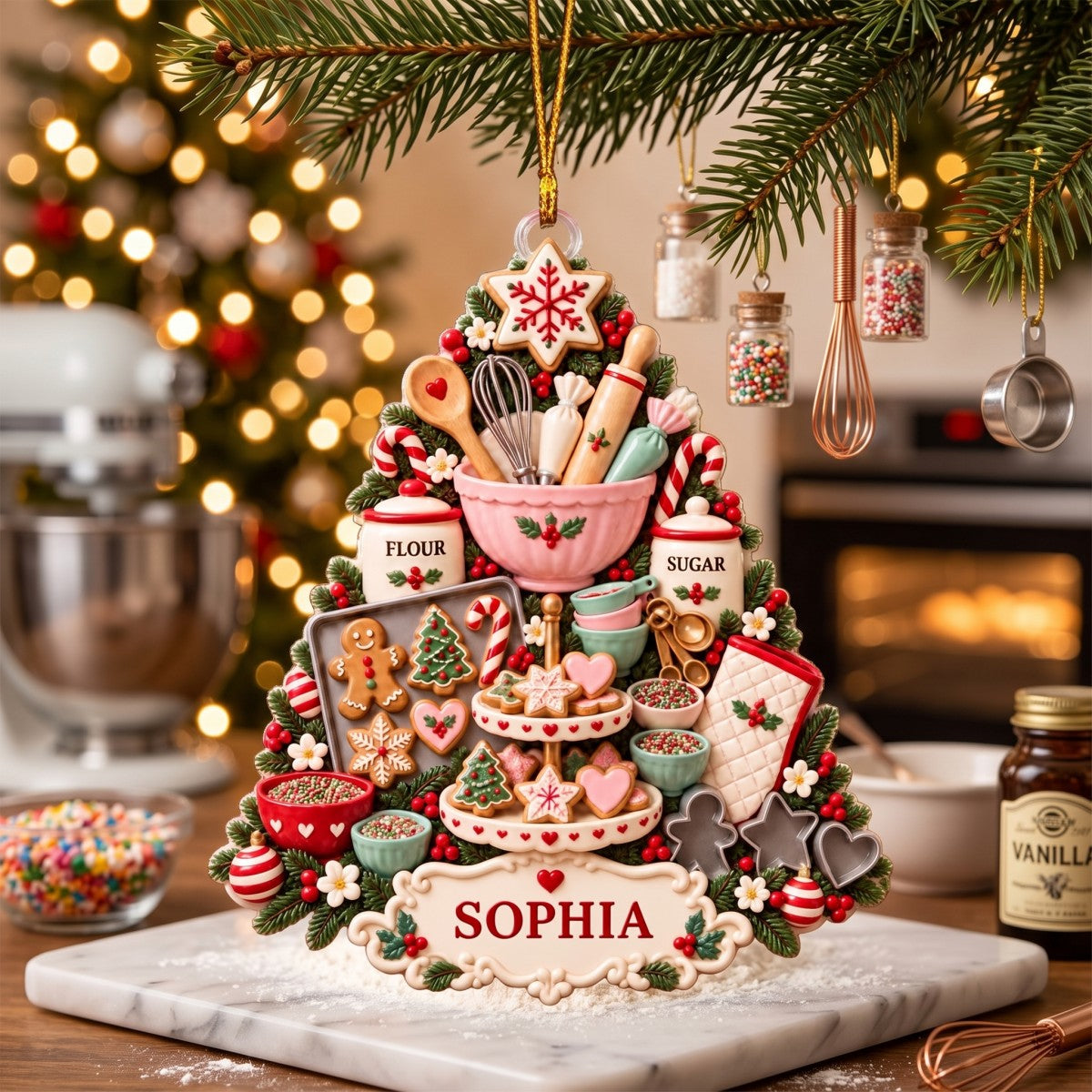 Personalized Baking Christmas Ornament, Custom Name Baker Kitchen Tree Keepsake, Pastry Chef Gift, Gift For Baking Lover