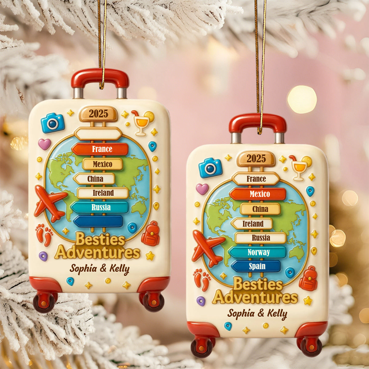 Besties Explore The World, World Map Luggage Ornament, Personalized World Ornament Gift For Best Friends