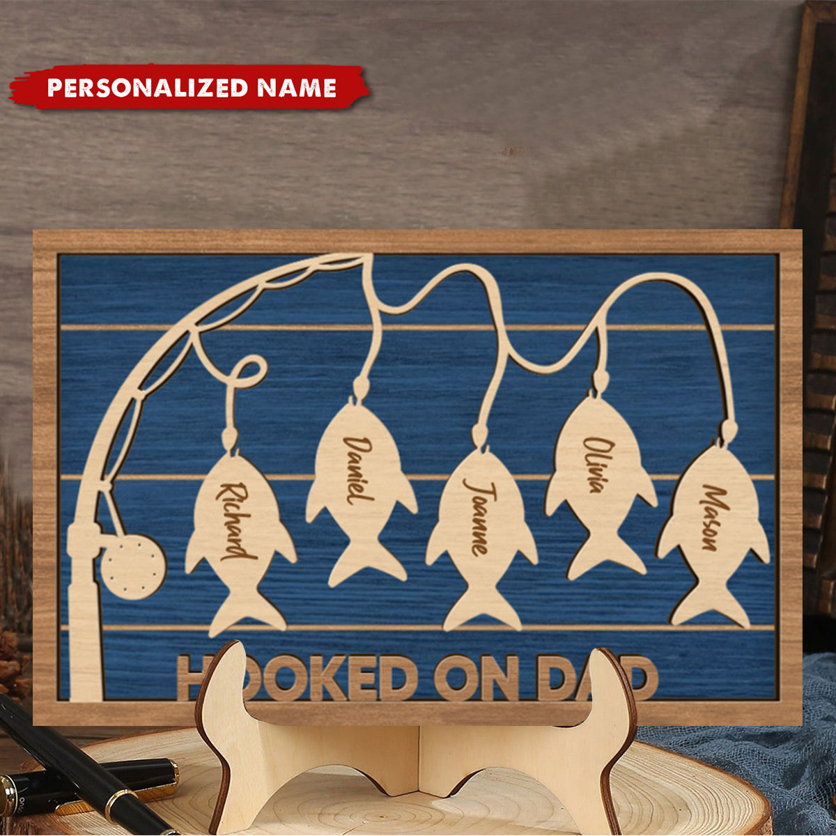 Hooked On Dad Grandpa - Personalized 2-Layered Wooden Plaque With Stand Gift For Father, Grandfather