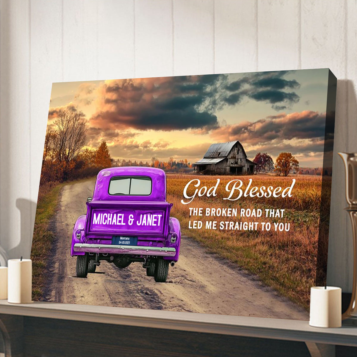 Personalized Rustic Couple Gift God Blessed The Broken Road Truck Canvas Poster