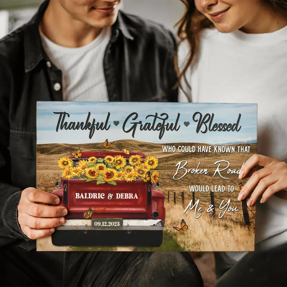 Personalized Canvas Prints - Rustic Farmhouse Red Truck, Customized Anniversary Couples Gifts, Thankful, Grateful, Blessed