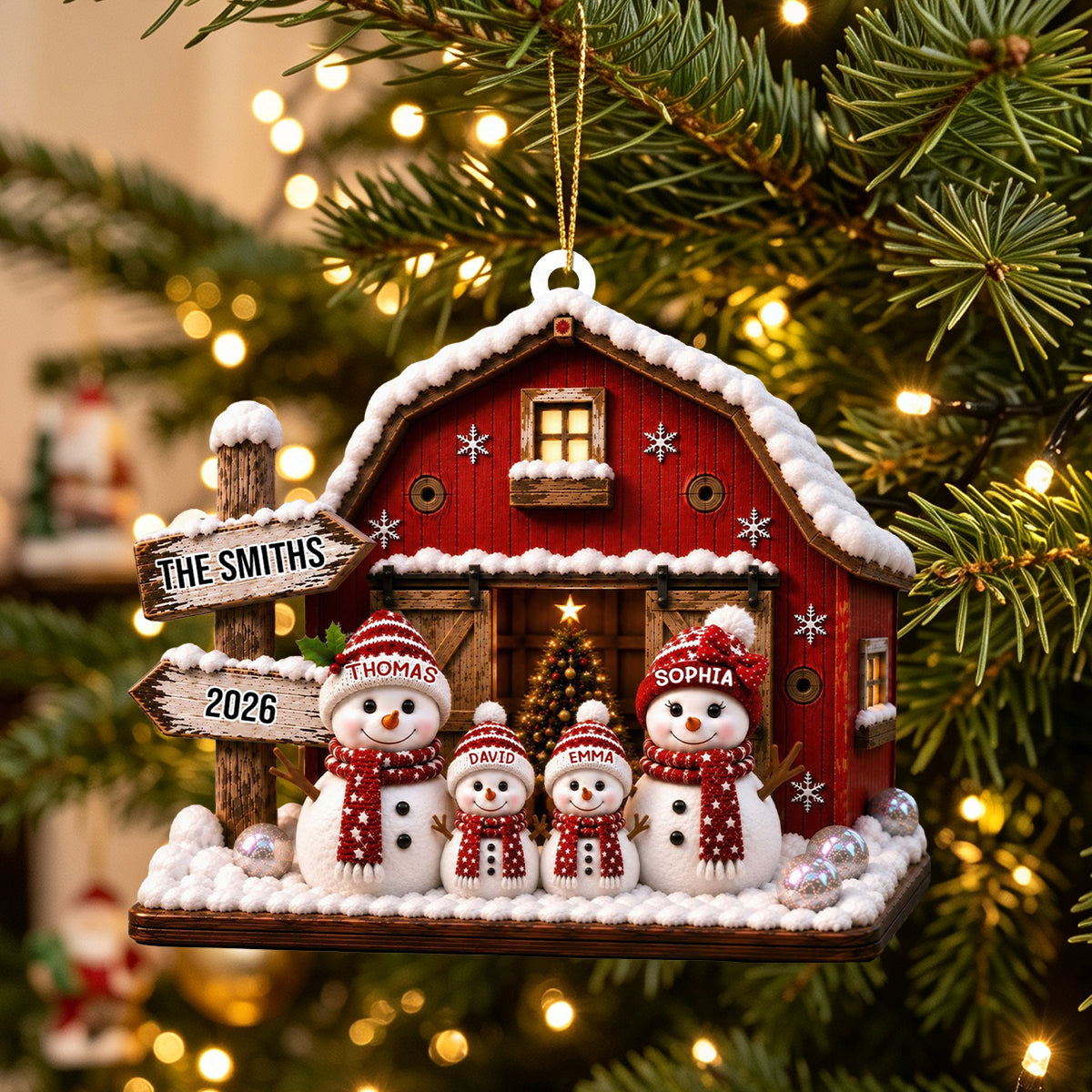 "Our Family Snowman – Red Barn" – Personalized Acrylic Hanging Ornament | Gift For Family