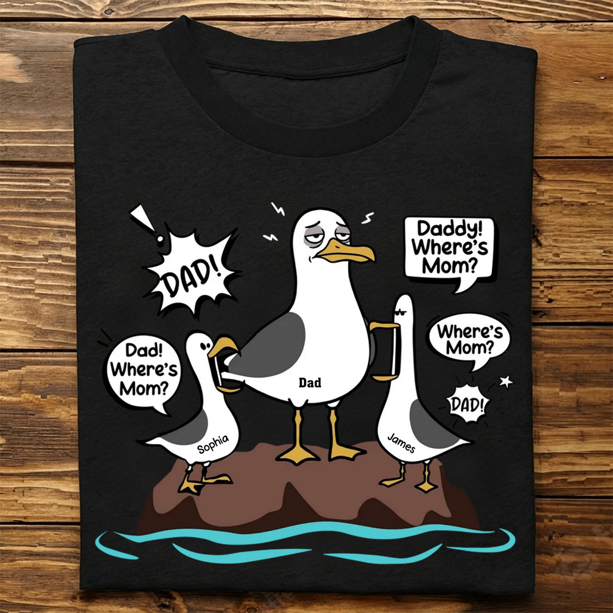 Funny Tired Seagull & Kids Custom Name - Personalized Shirt