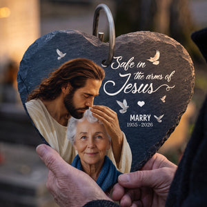 Safe In The Arms Of Jesus - Upload Image Personalized Memorial Garden Slate & Hook