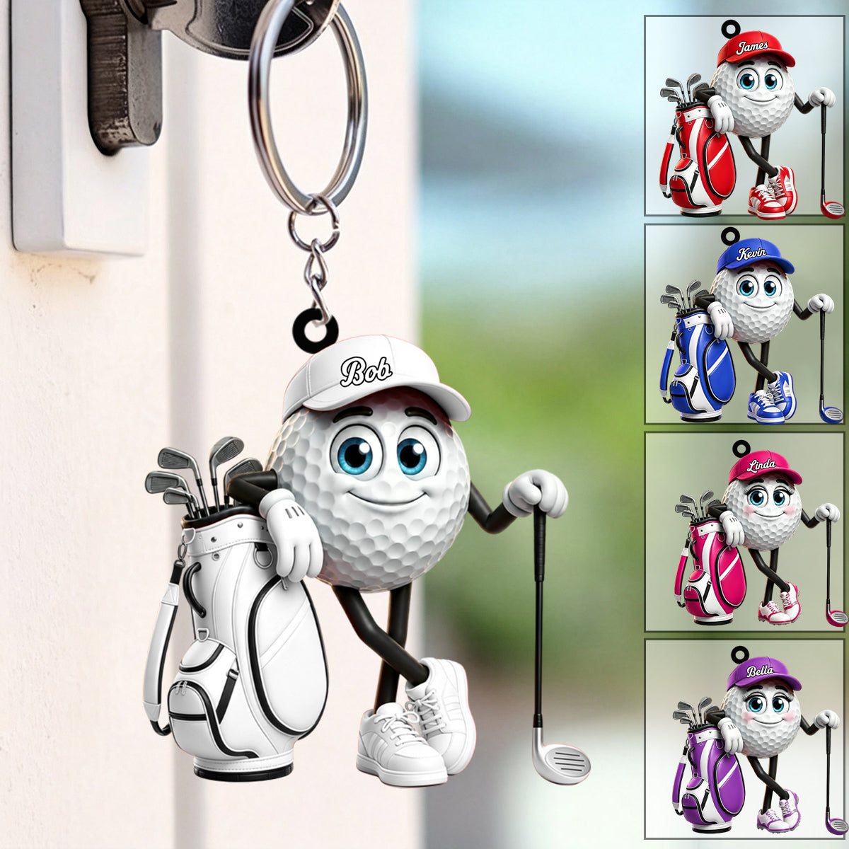 Relaxed Confident Pose Personalized Golf Ball Mascot Keychain Gift for Male & Female Golfer