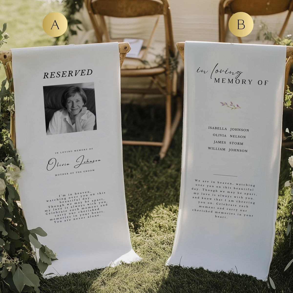 In Loving Memory From Heaven - Personalized Memorial Wedding Chair Sign Banner Reserved for Loved Ones