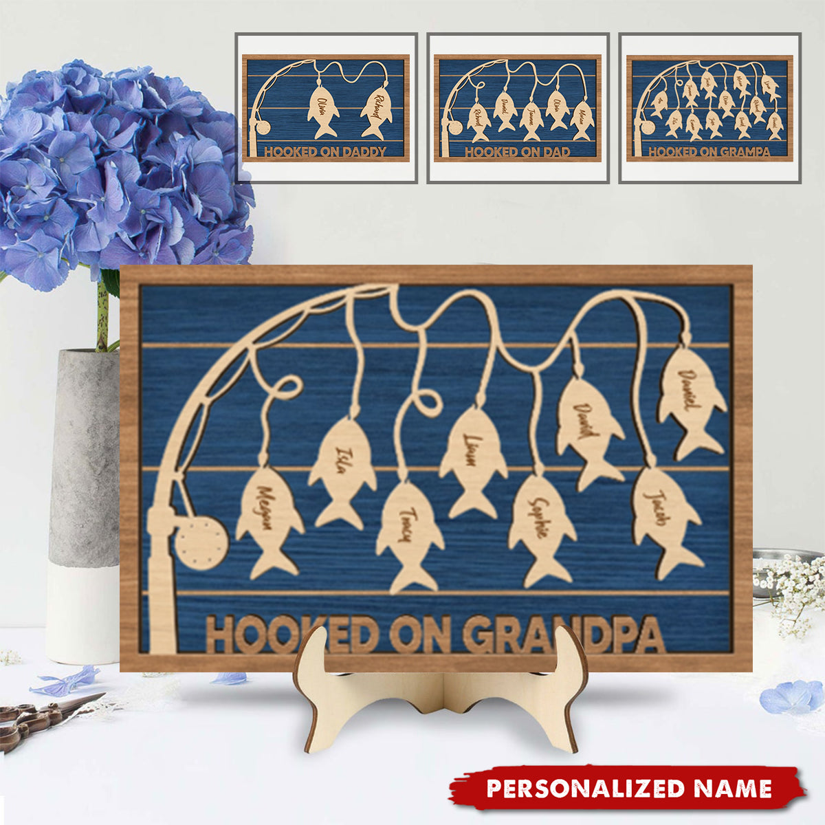 Hooked On Dad Grandpa - Personalized 2-Layered Wooden Plaque With Stand Gift For Father, Grandfather