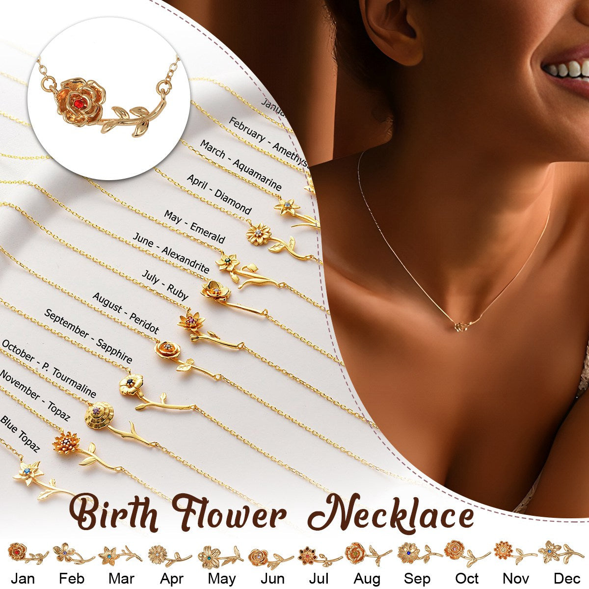 Birth Flower Necklace - Dainty Horizontal Flower Charm