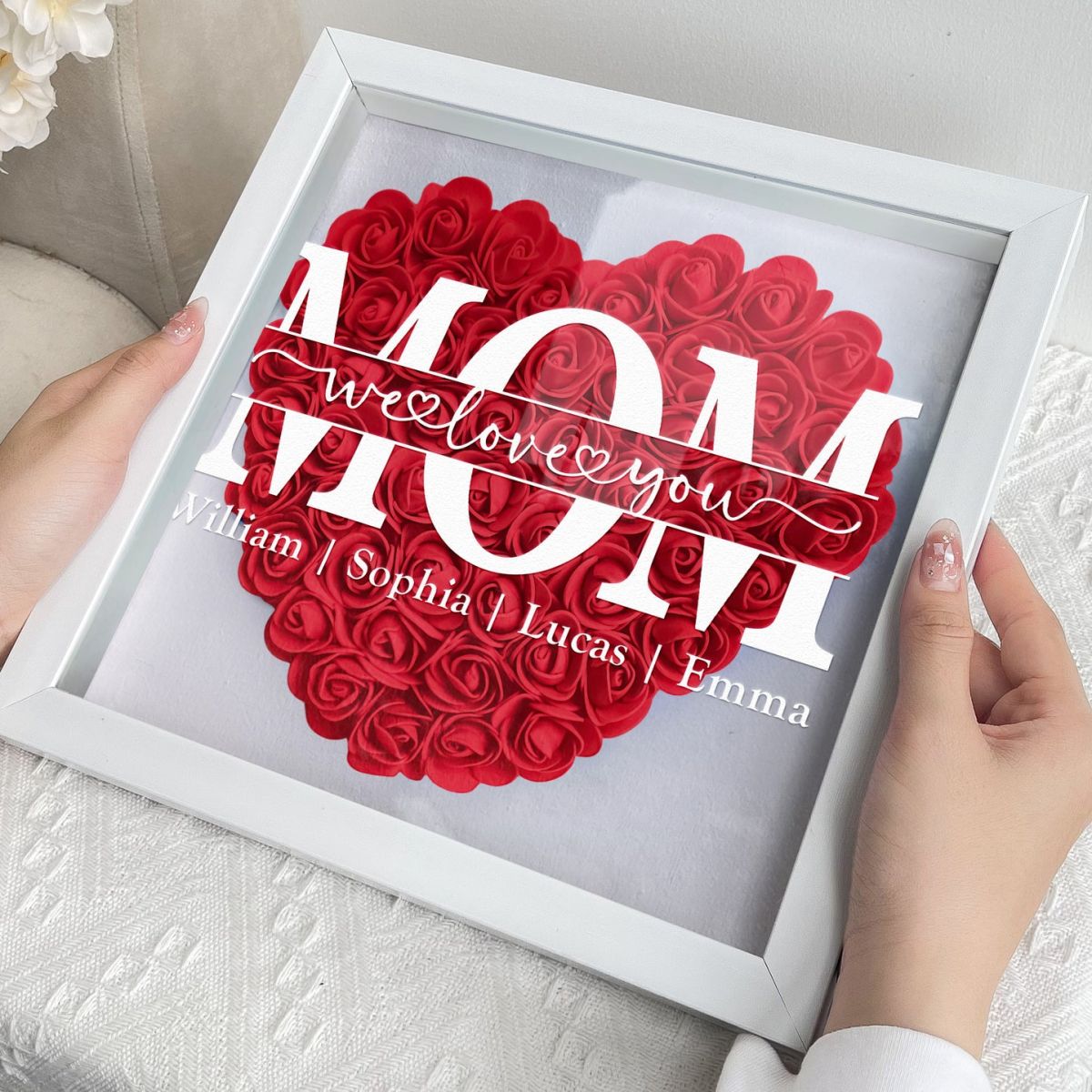 We Love You Mom - Personalized Flower Shadow Box With LED Light