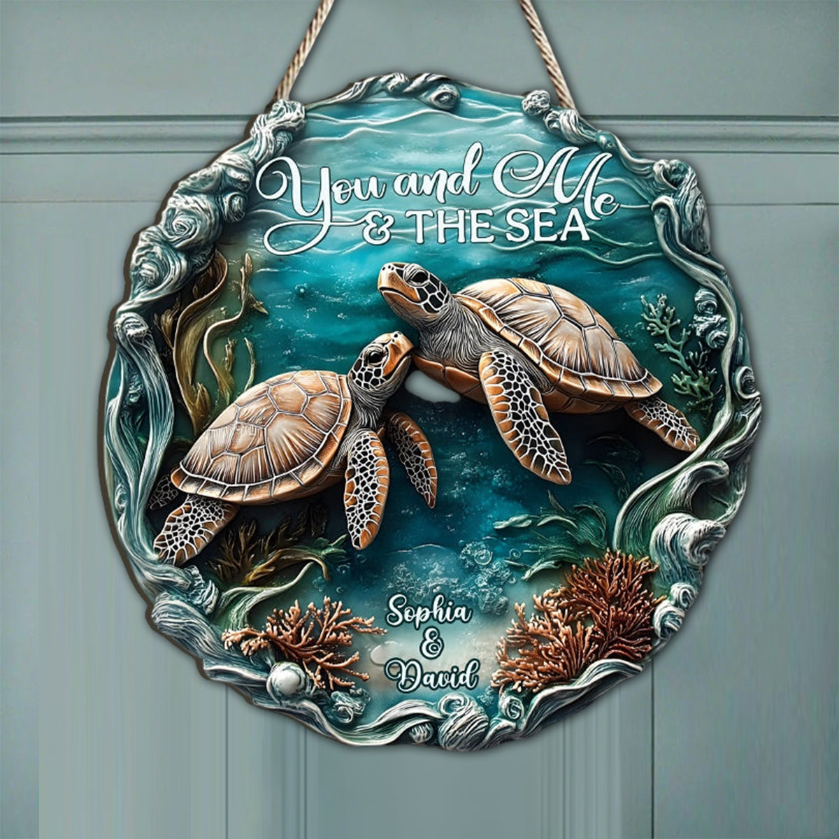 You And Me And The Sea - Personalized Turtle Custom Wood Sign