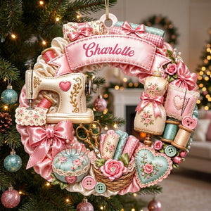 Custom Name Sewing Machine Wreath,Personalized Christmas Ornament Gift For Sewing Lovers