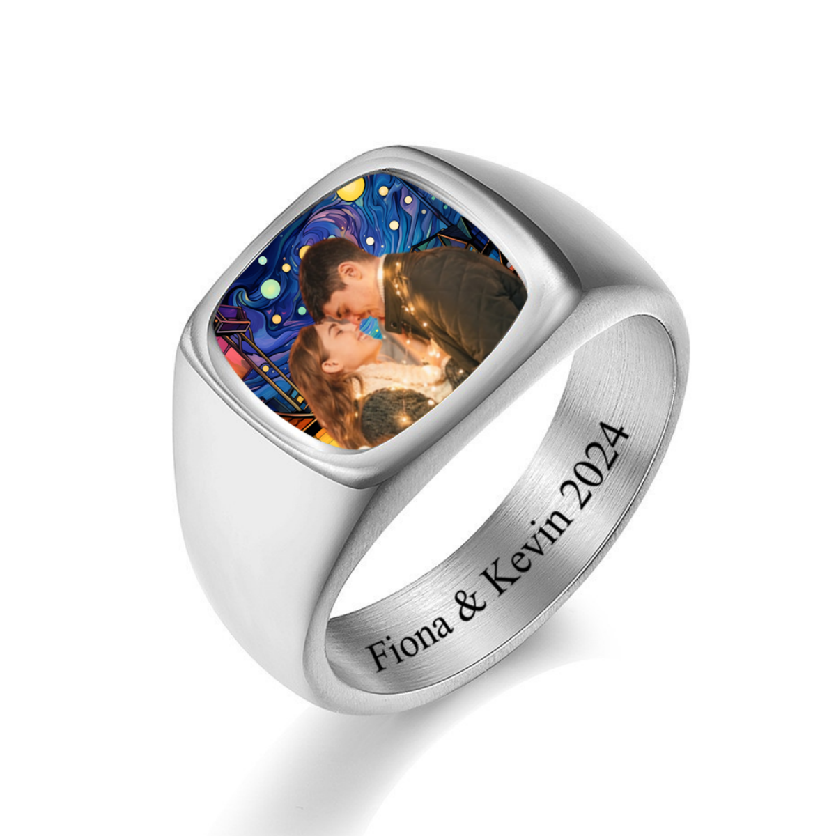 Love You Forever - Personalized Stained Glass Background Upload Photo Square Ring