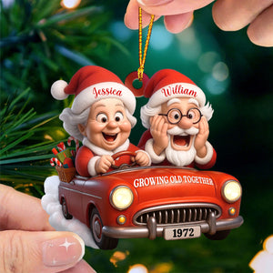 Growing Old Together With Santa Claus In Vintage Car,Custom Acrylic Ornament,Gift For Couples And Grandparents