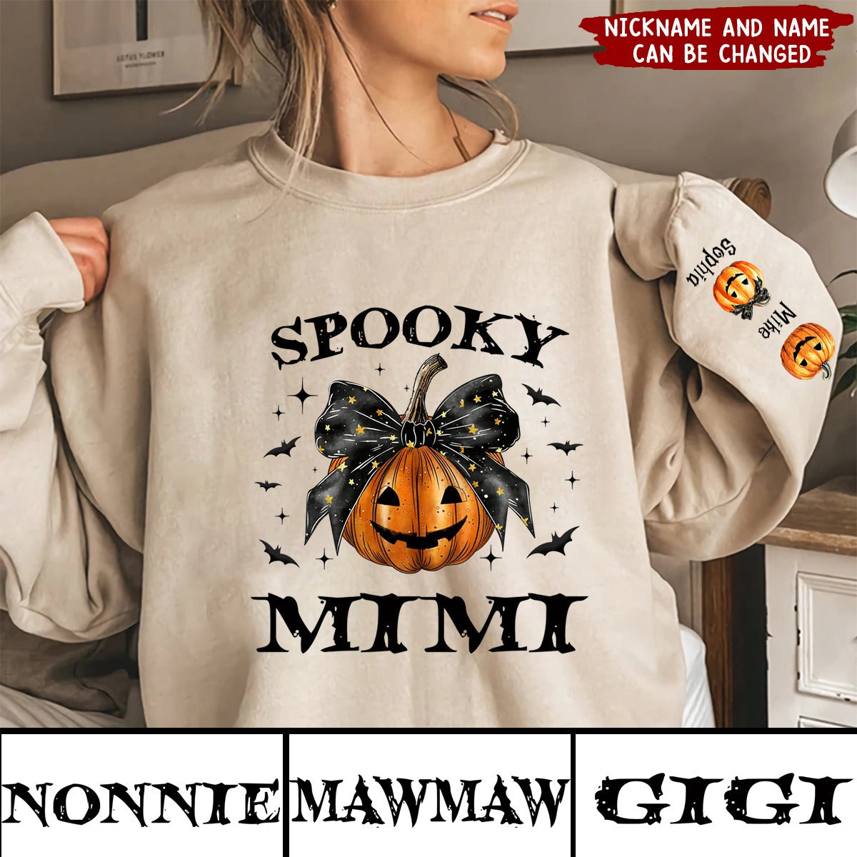 Personalized Sleeve Printed Sweatshirt - Spooky Grandma Mom Halloween Pumpkin