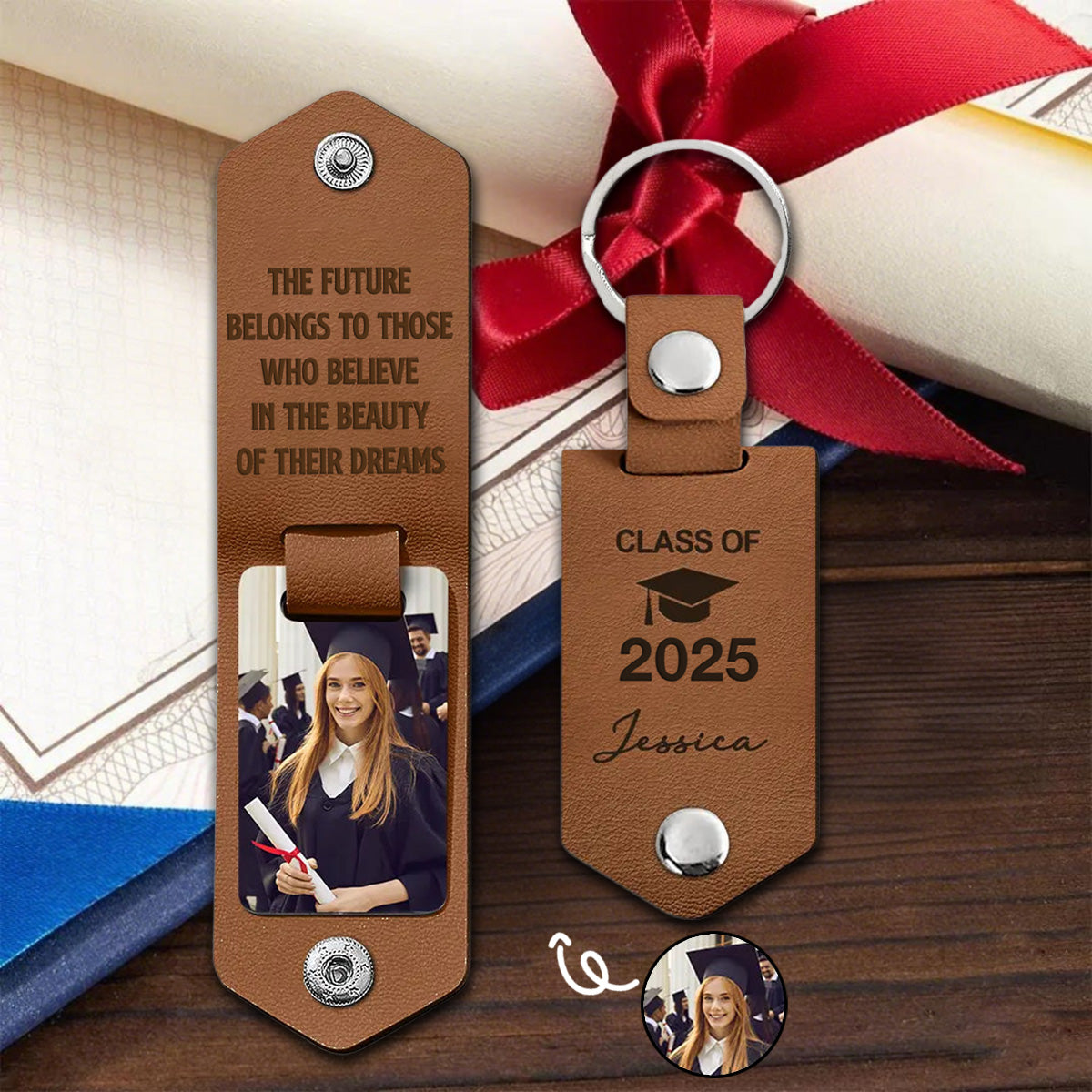 Let The Journey Begin Graduation Gift - Personalized Leather Photo Keychain