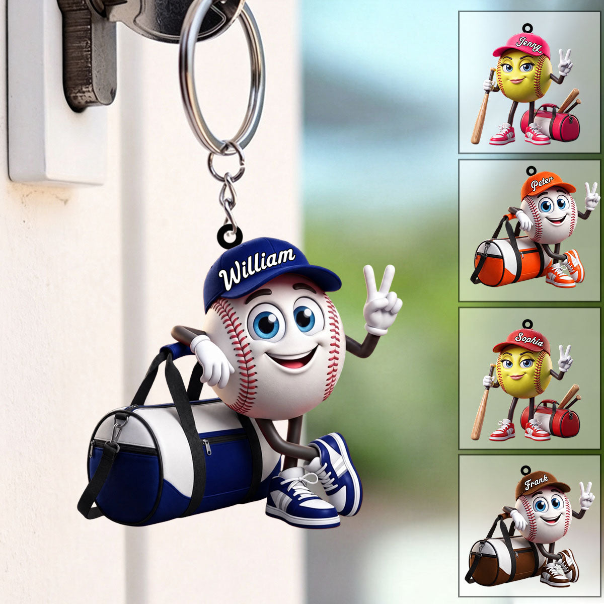 V-sign Baseball Softball Keychain - Personalized Cute Baseball Softball Ball Mascot Keychain