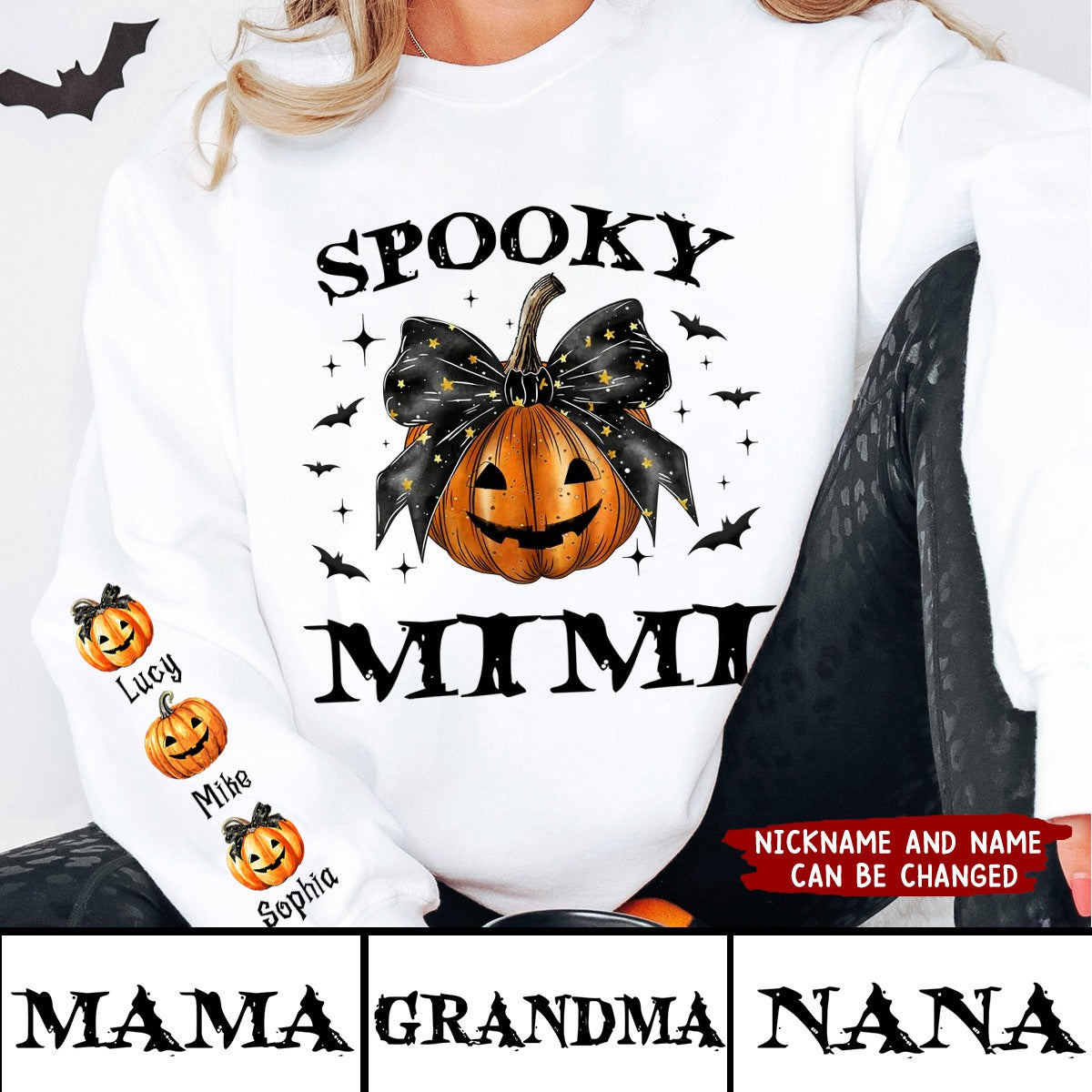 Personalized Sleeve Printed Sweatshirt - Spooky Grandma Mom Halloween Pumpkin