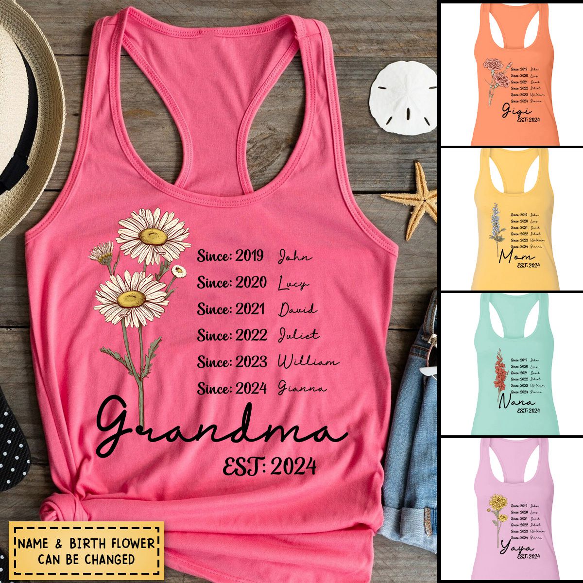 Personalized Custom Grandma Est And Birth Flower Tank top