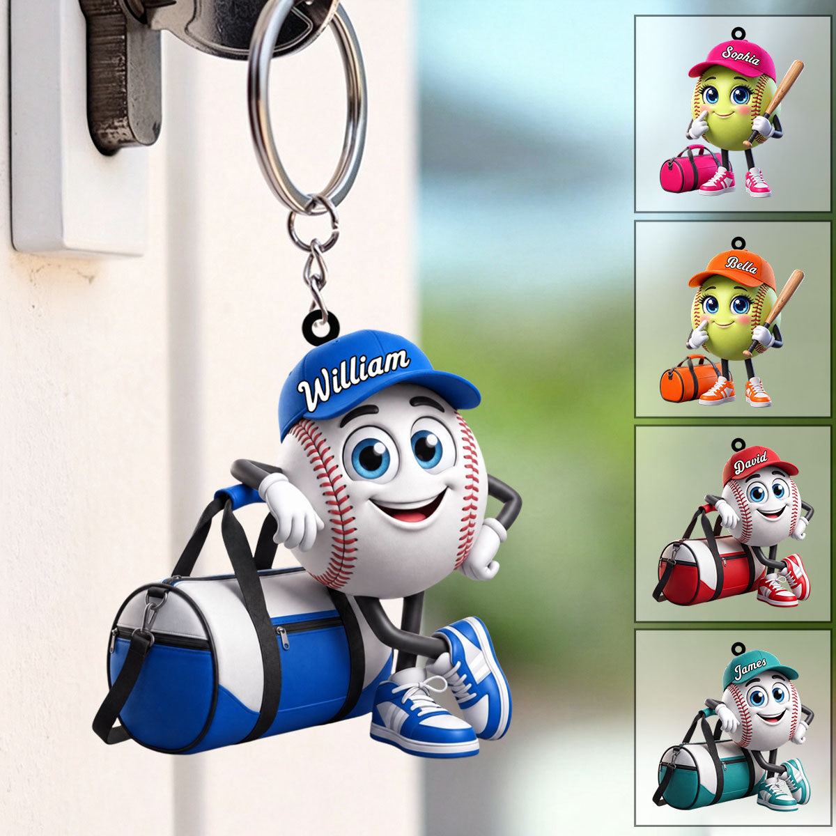Baseball Softball Player Keychain - Personalized Cute Baseball Softball Ball Mascot Keychain