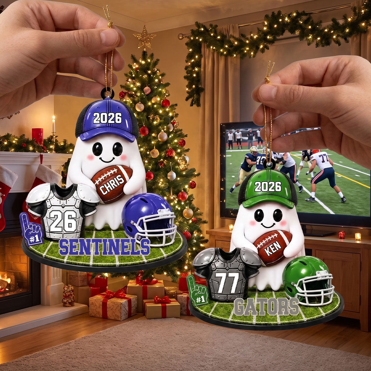 Personalized Football Ghost Christmas Ornament 2026 – Custom Name & Team Keepsake | Gift For Football Players & Fans