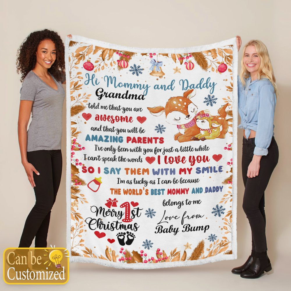 Merry 1st Christmas - Baby Dear Mommy & Daddy We Love You Personalized Blanket