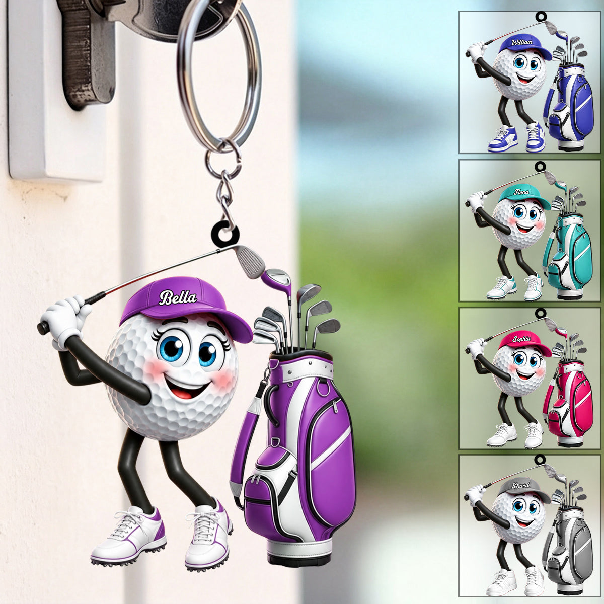 Golf Backswing Pose Cartoon Golfer Personalized Golf Ball Mascot Keychain Gift for Male & Female Golfer