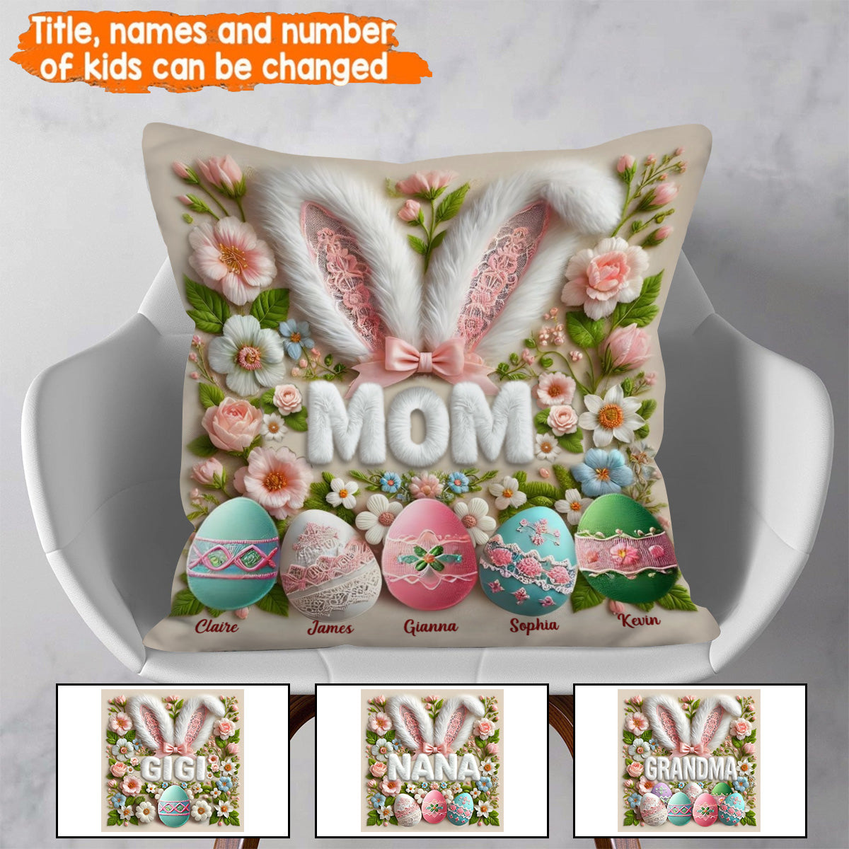 Personalized Easter Bunny Grandma Pillow - Custom Name Throw Pillow Gift for Grandma, Mother's Day
