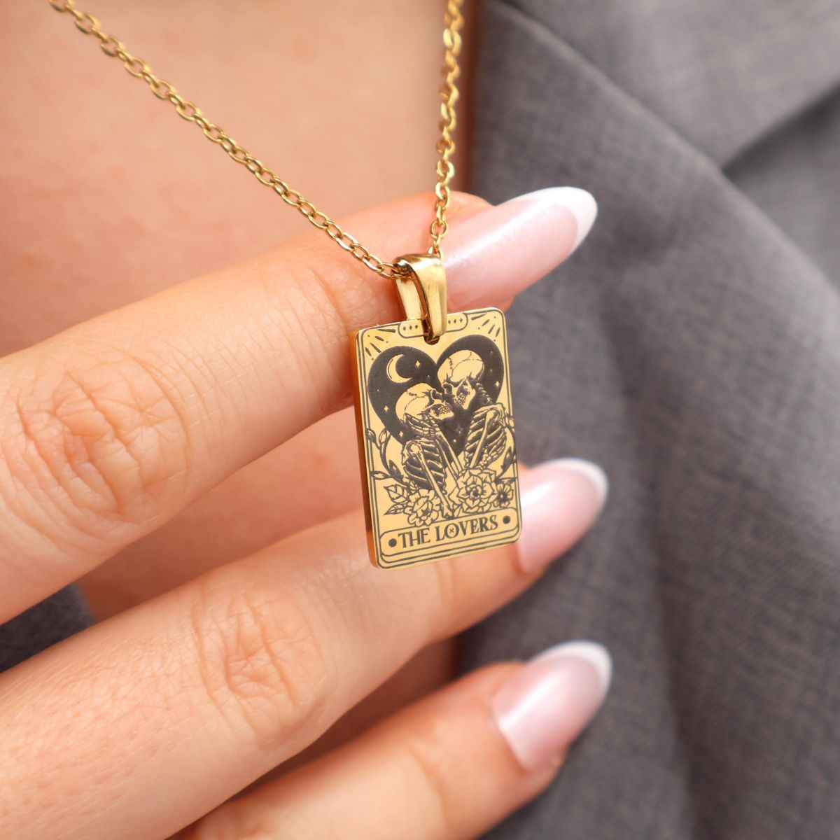 Personalized Couple Skull The Lovers Tarot Card Necklace
