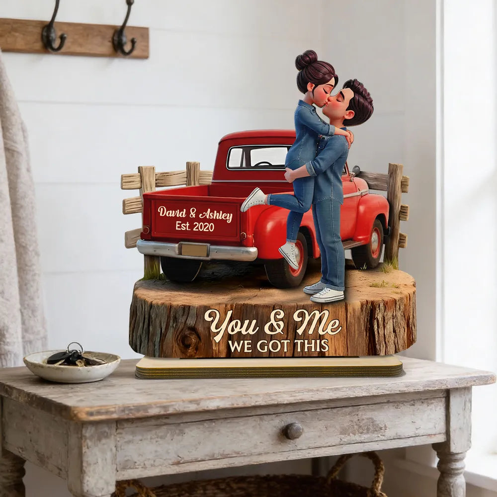 Personalized Wooden Plaque with Kissing Couple in Red Pickup Truck, Farmhouse Decor, Unique Gift for Couples