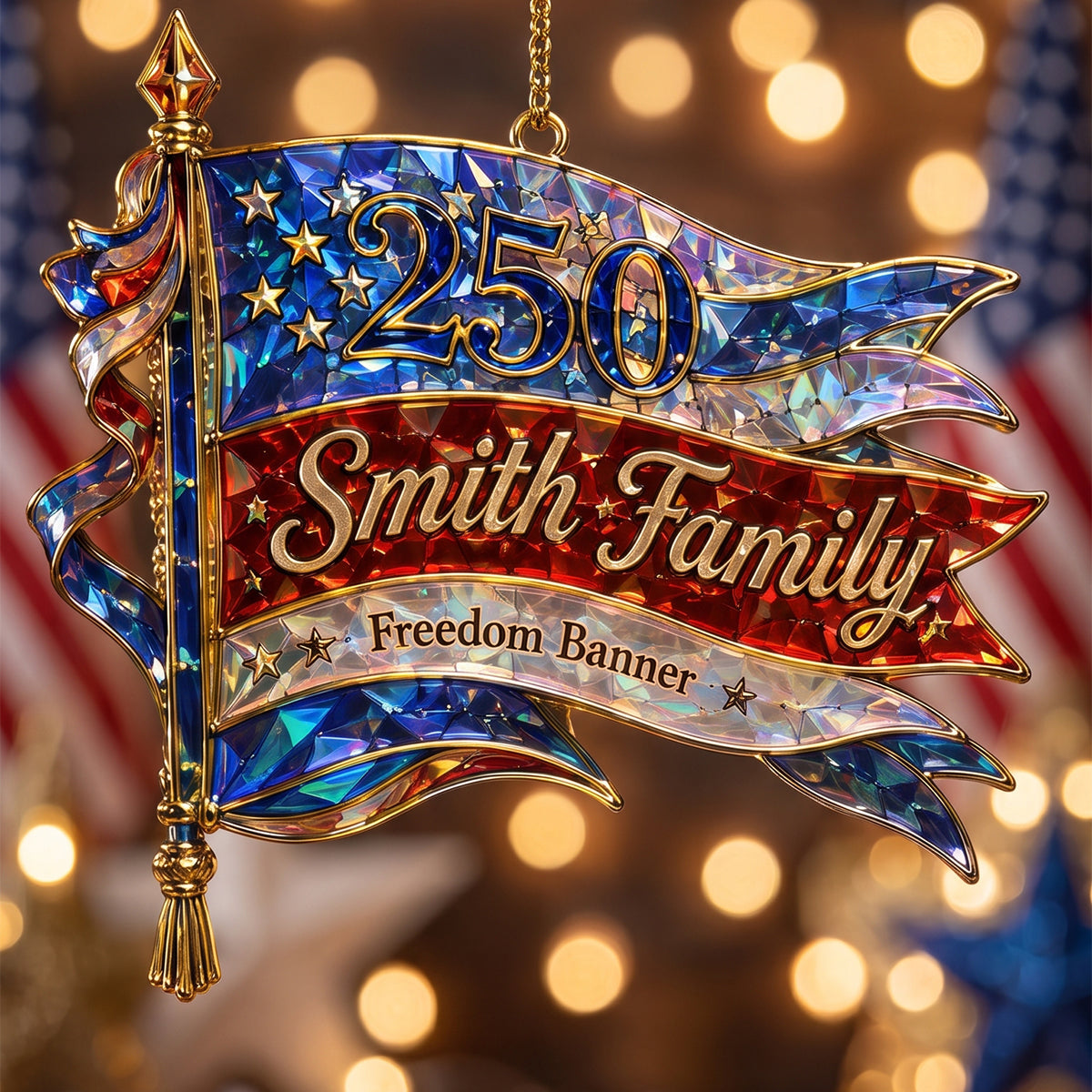 Personalized "Freedom Banner" America 250th Acrylic Ornament – Hologram Patriotic Family Keepsake