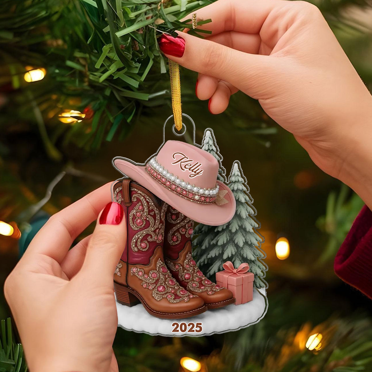 Boots And Hat Cowgirl Name - Personalized Acrylic Ornament
