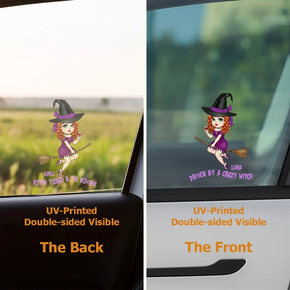 Personalized Witch Hat Cartoon Character Weatherproof Car Sticker Halloween Birthday Gift