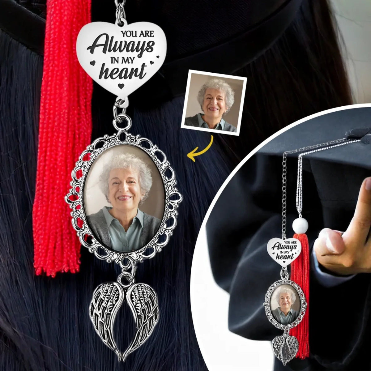 You Are Always In My Heart - Memorial Personalized Photo Graduation Tassel Heart & Angel Wing Charm