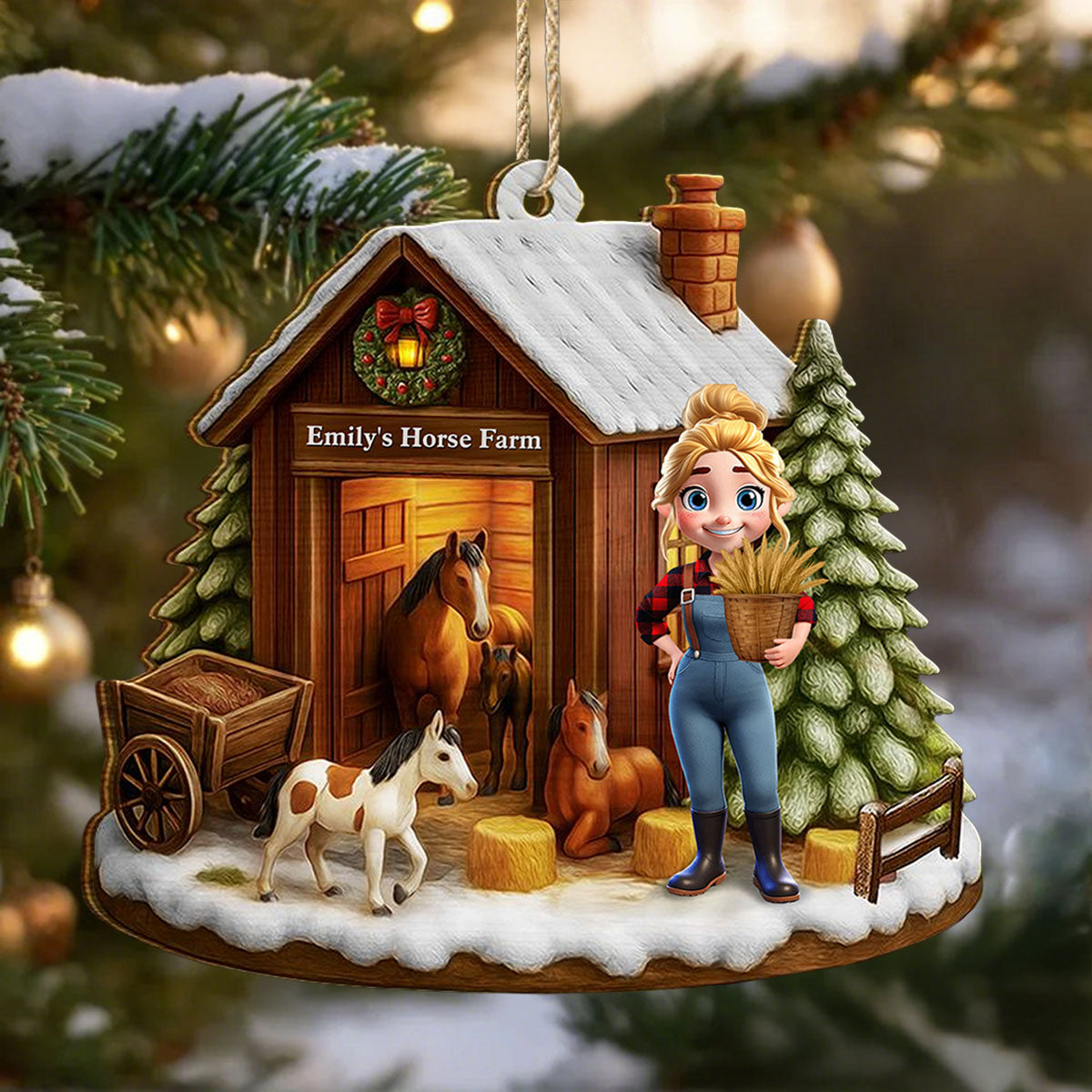 Christmas Horse Farm - Personalized Custom Shaped Wooden Ornament
