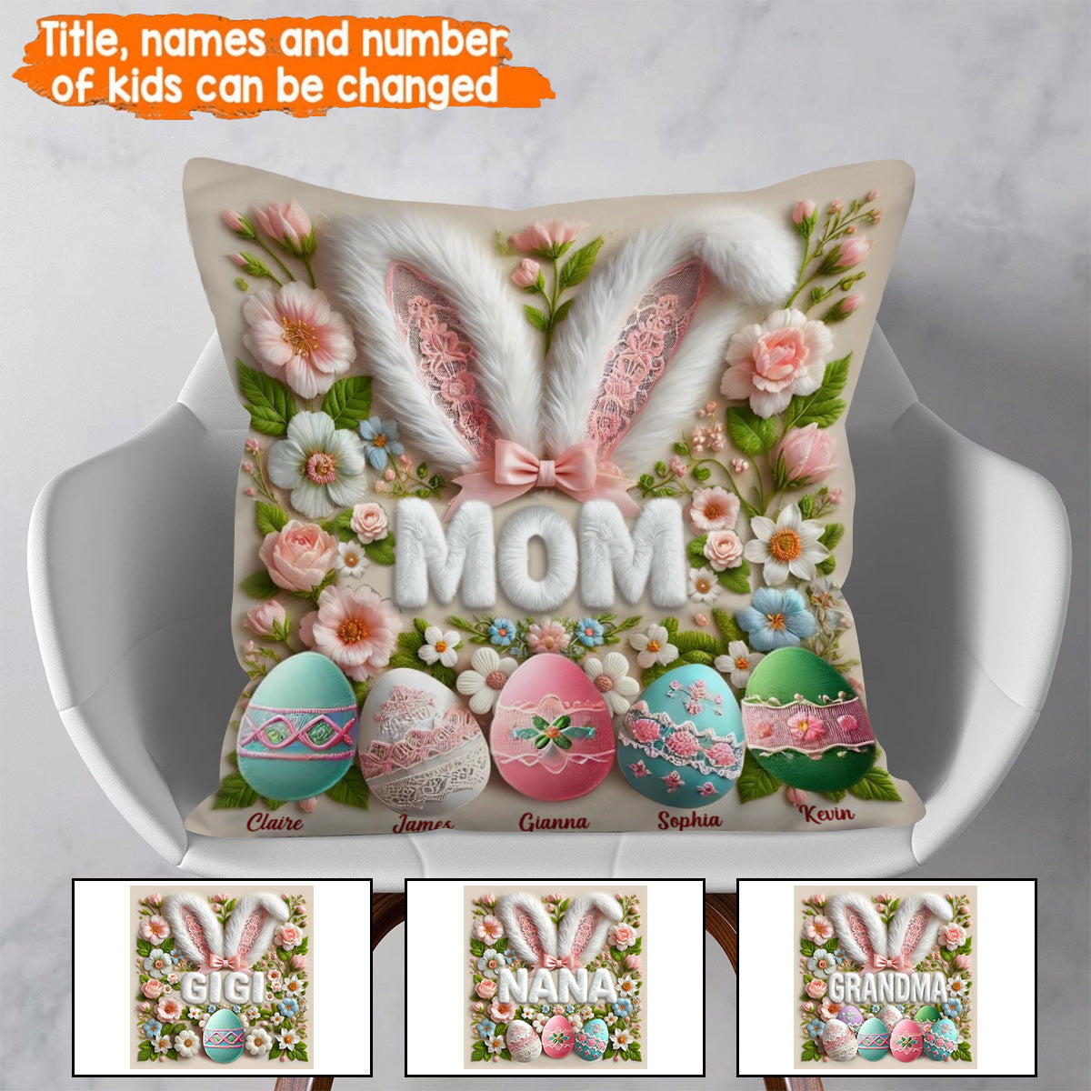 Personalized Easter Bunny Grandma Pillow - Custom Name Throw Pillow Gift for Grandma, Mother's Day
