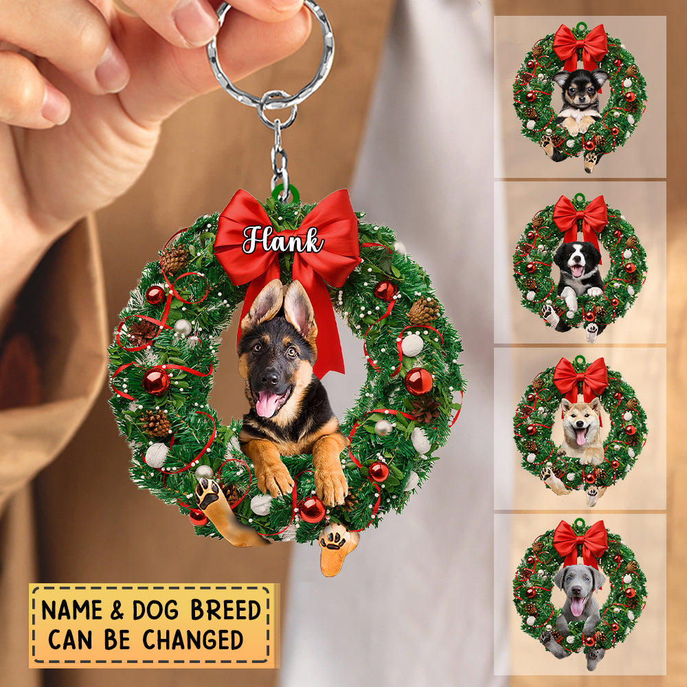 Personalized Dog & Christmas Wreath-Two Sided Keychain