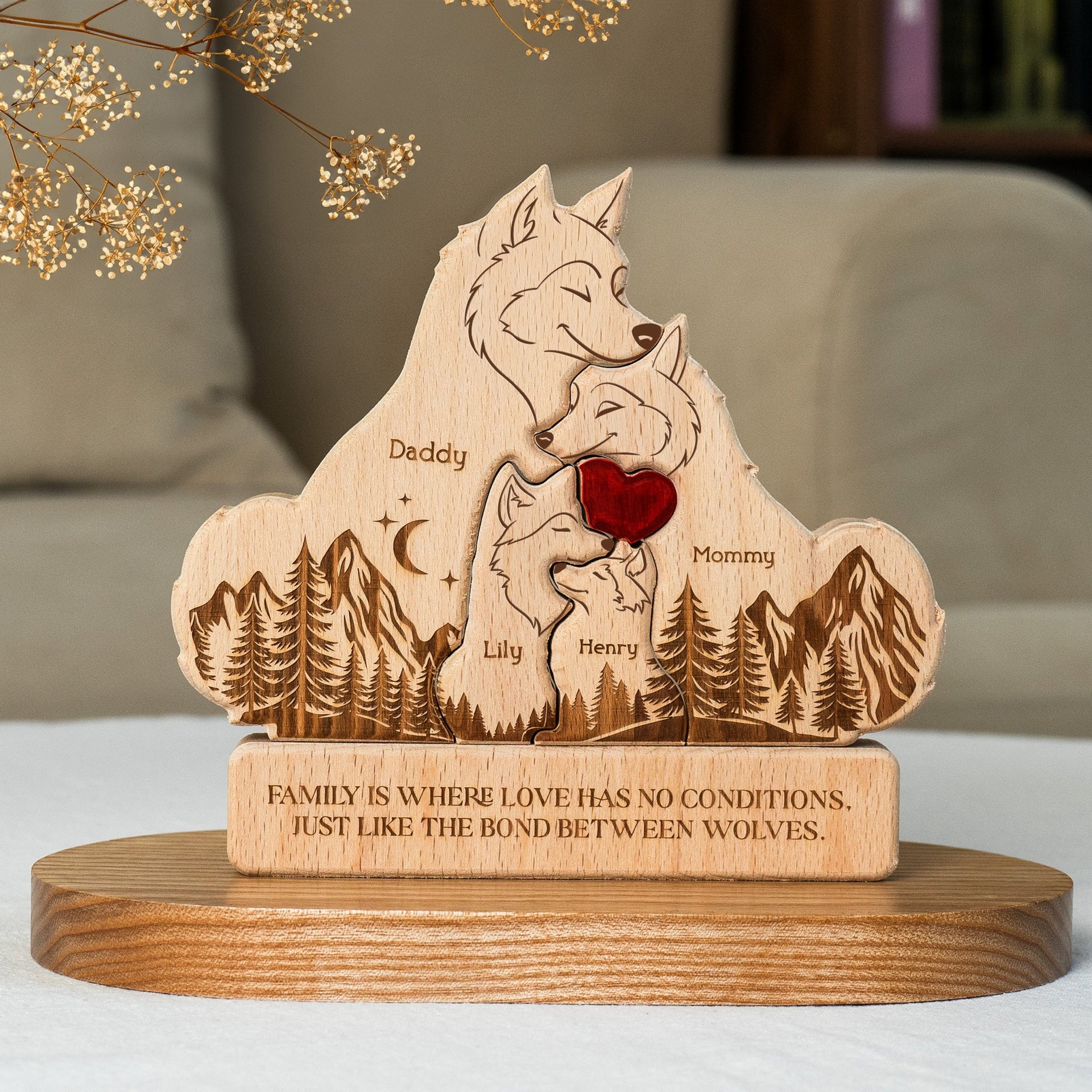 Wooden Wolf Family With Names - Personalized Wooden Puzzle Gift For Family Members