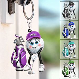 Golf Swing Pose Cartoon Golfer Personalized Golf Ball Mascot Keychain Gift for Male & Female Golfer